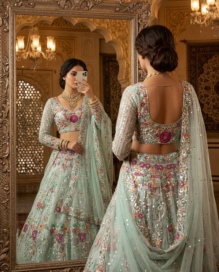Mint Green Floral Embroidered Lehenga Choli Set, Pastel Indian Wedding Lehenga