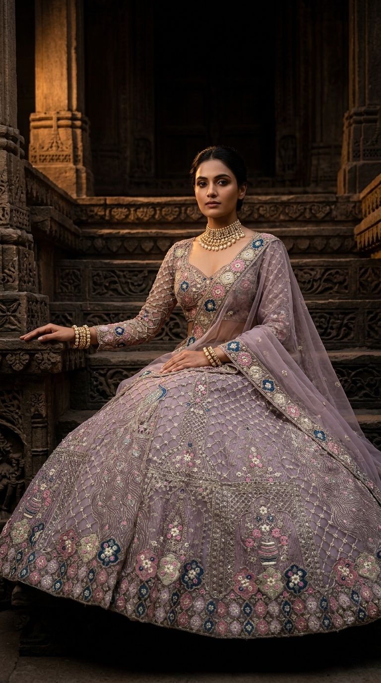 Dusty Lavender Peacock Bridal Lehenga Choli Set