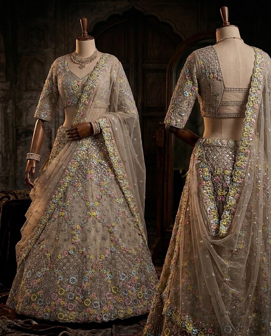 Champagne Beige Floral Embroidered Bridal Lehenga Choli Set, Designer Wedding Lehenga, Luxury Reception Outfit, Indian Bridal Wear