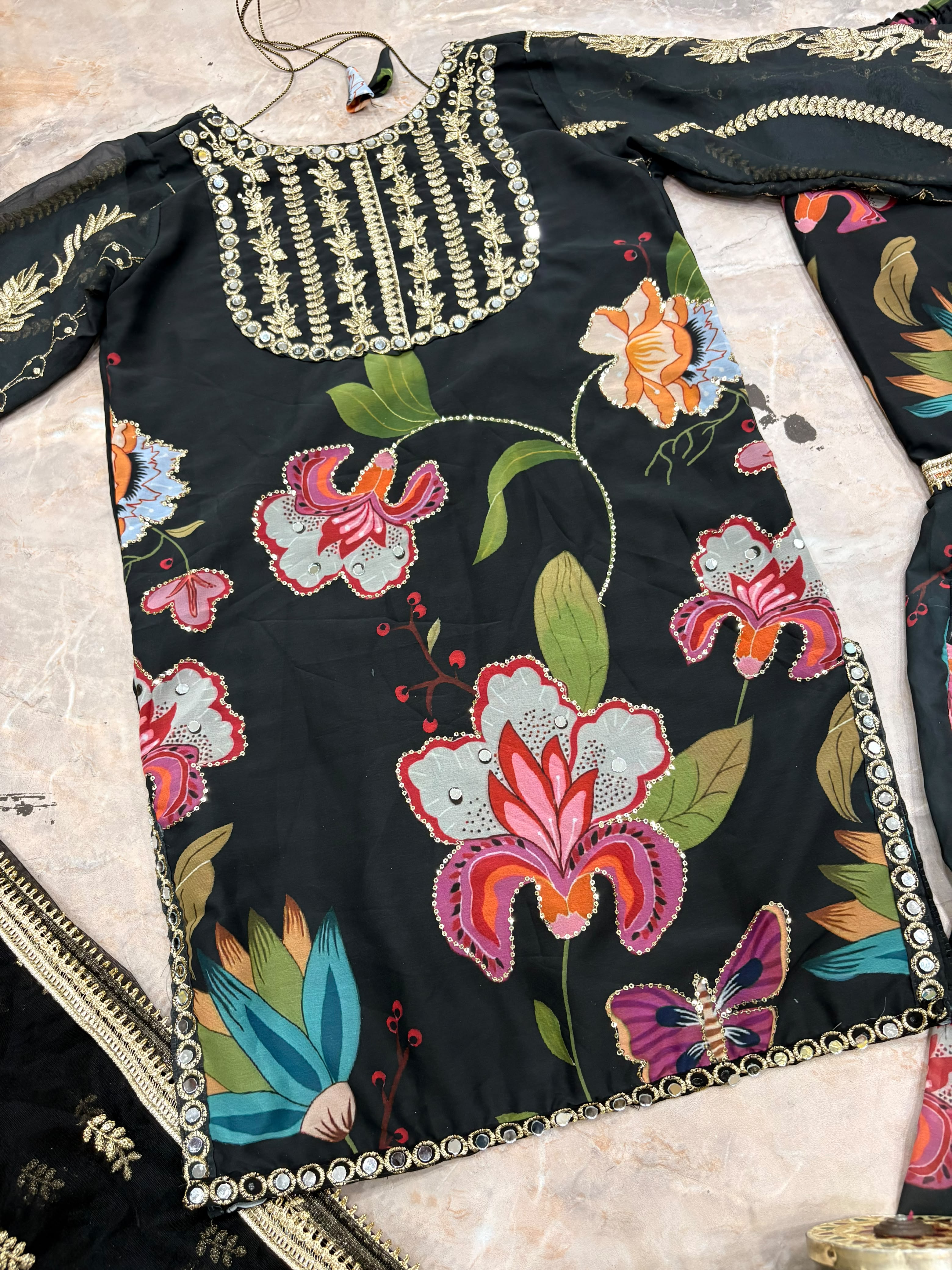 Black Floral Sharara Suit Set with Dupatta