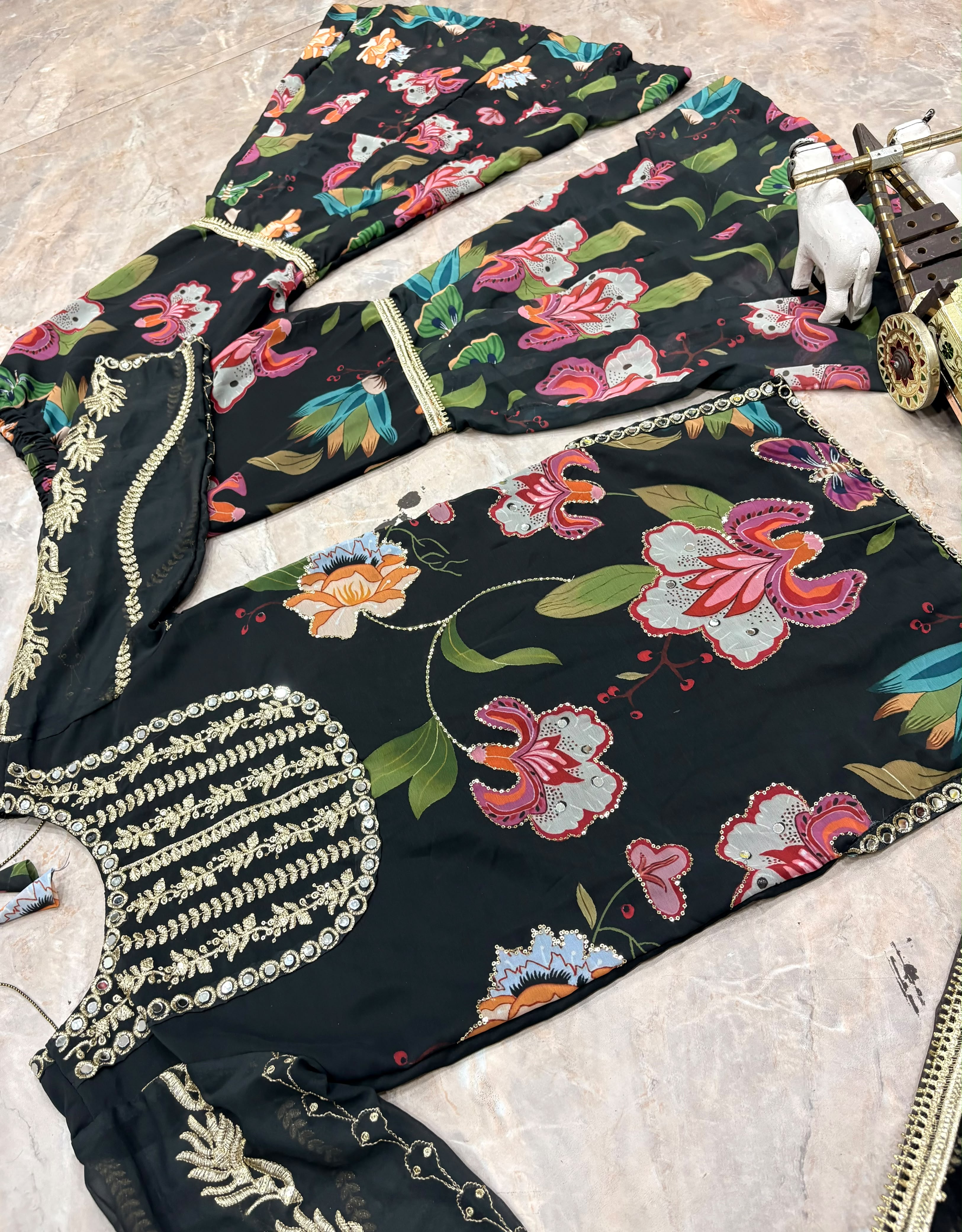 Black Floral Sharara Suit Set with Dupatta