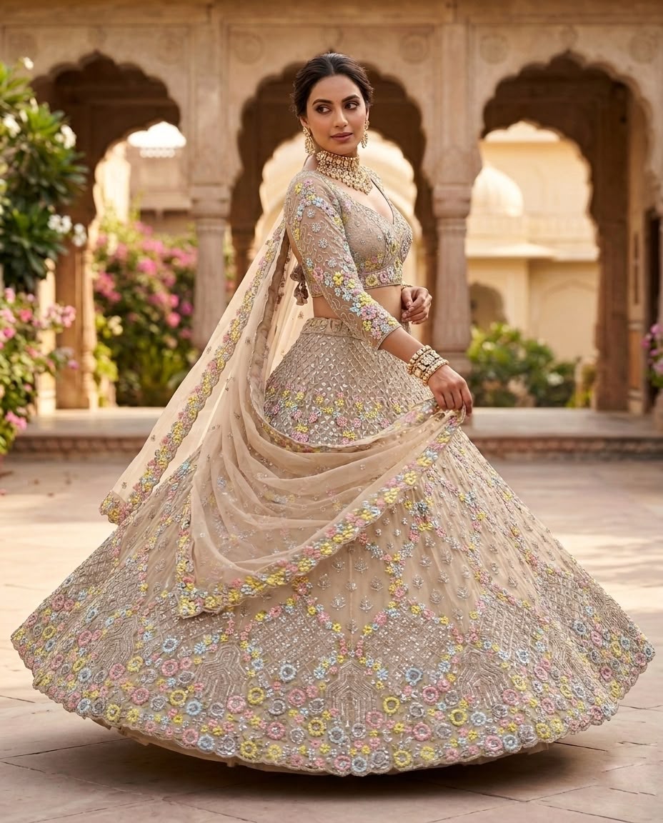 Champagne Beige Floral Embroidered Bridal Lehenga Choli Set, Designer Wedding Lehenga, Luxury Reception Outfit, Indian Bridal Wear