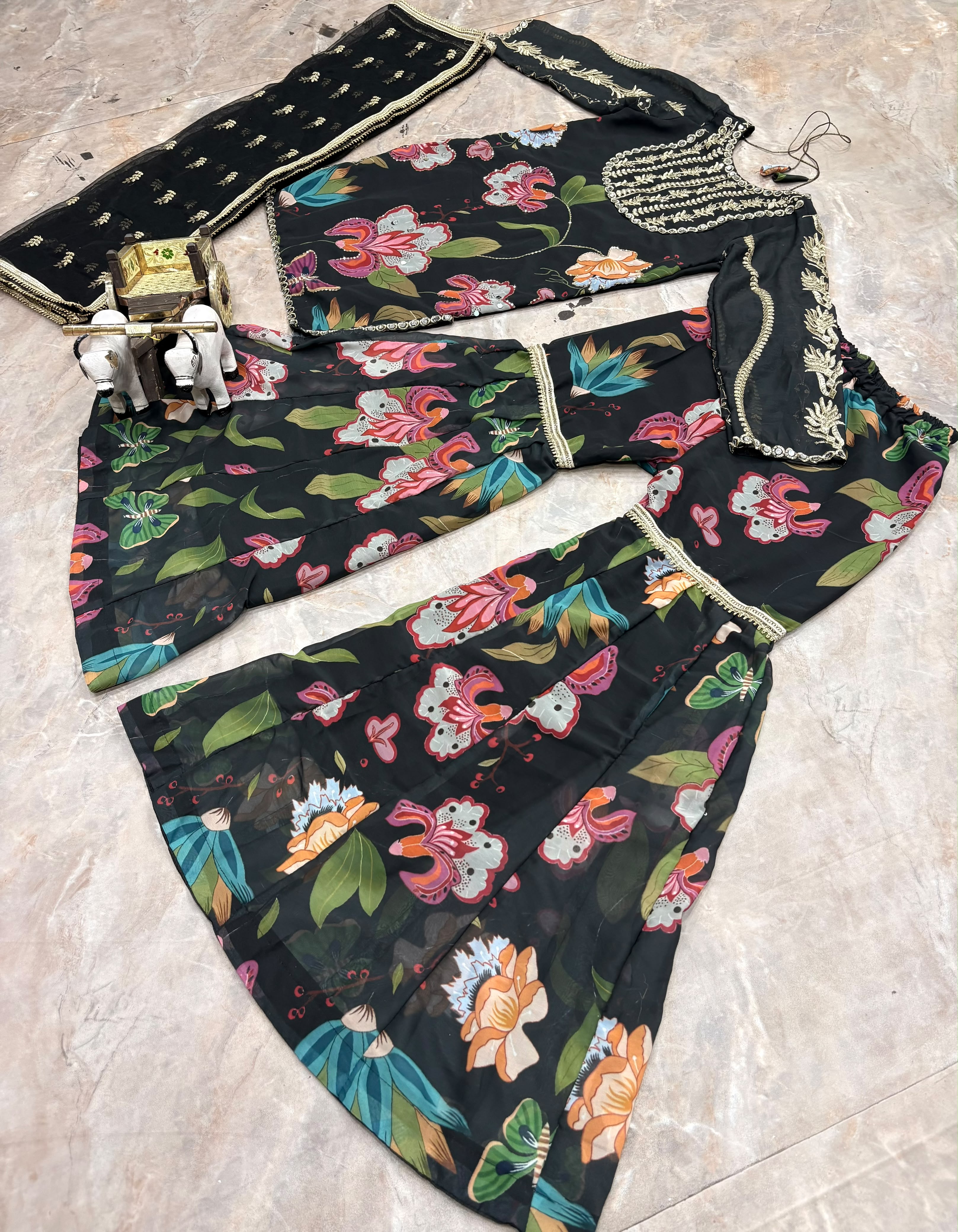Black Floral Sharara Suit Set with Dupatta