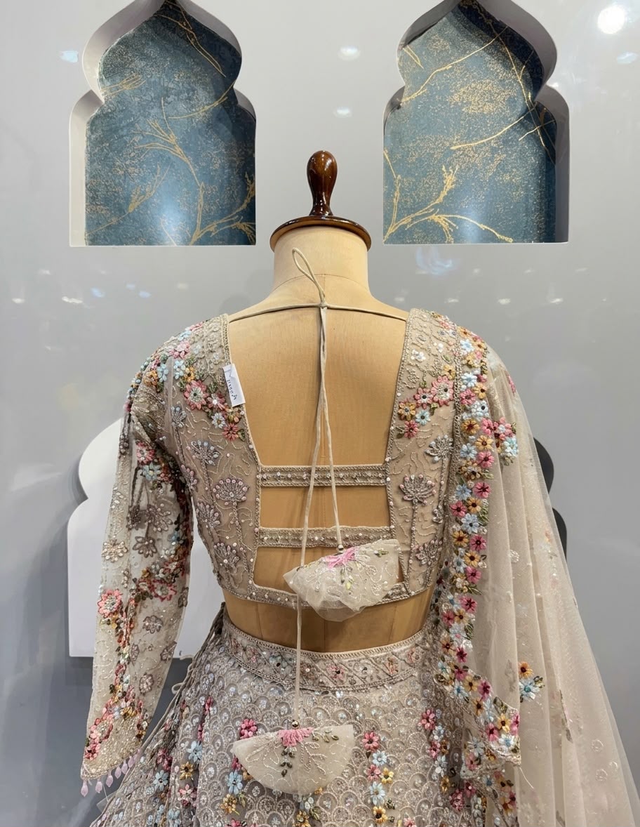 Champagne Beige Floral Embroidered Bridal Lehenga Choli Set, Designer Wedding Lehenga, Luxury Reception Outfit, Indian Bridal Wear