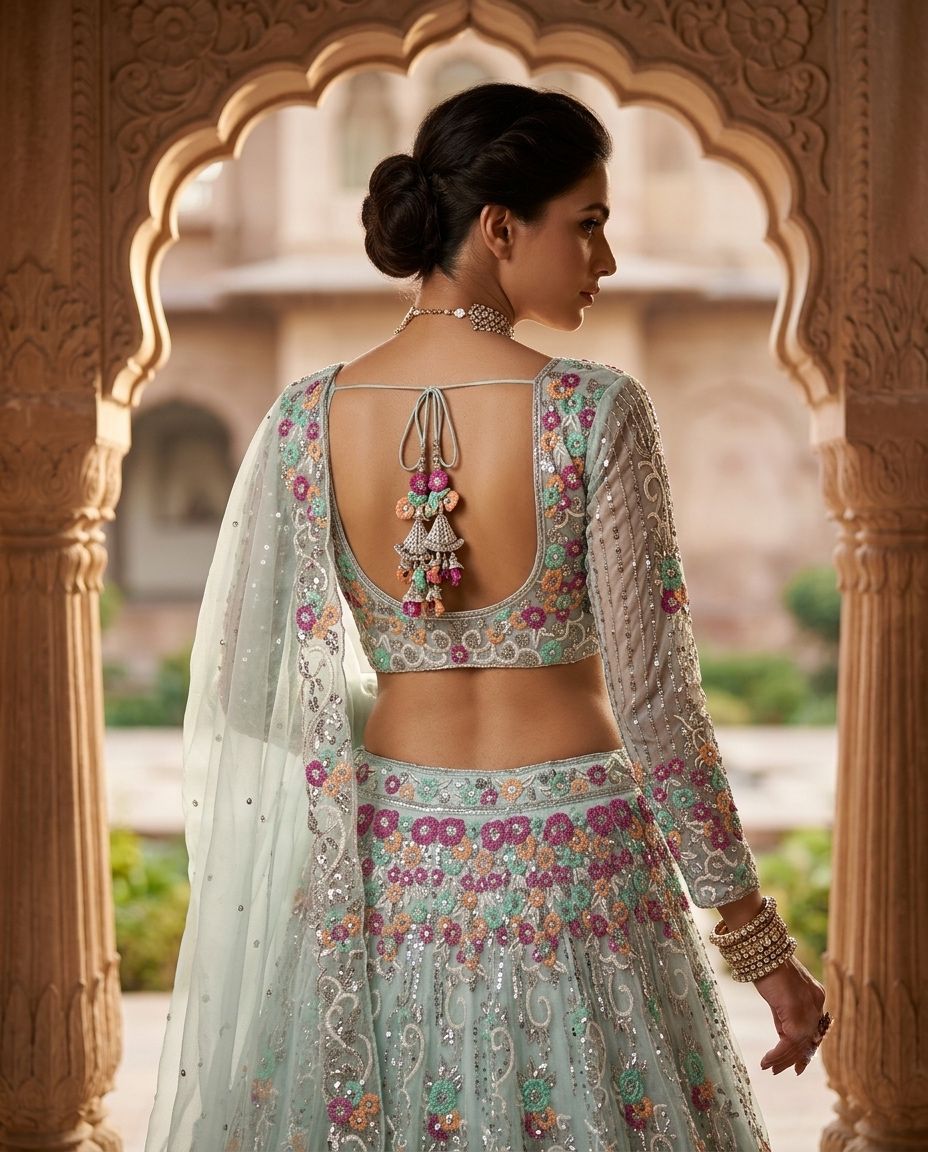 Mint Green Floral Embroidered Lehenga Choli Set, Pastel Indian Wedding Lehenga