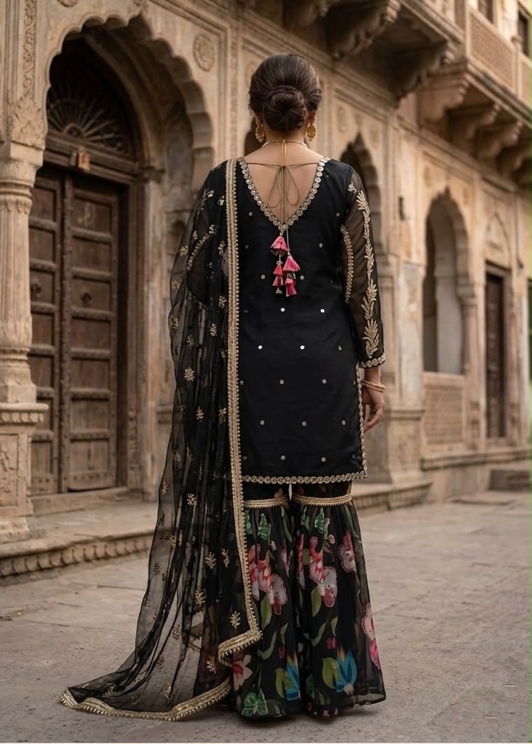 Black Floral Sharara Suit Set with Dupatta