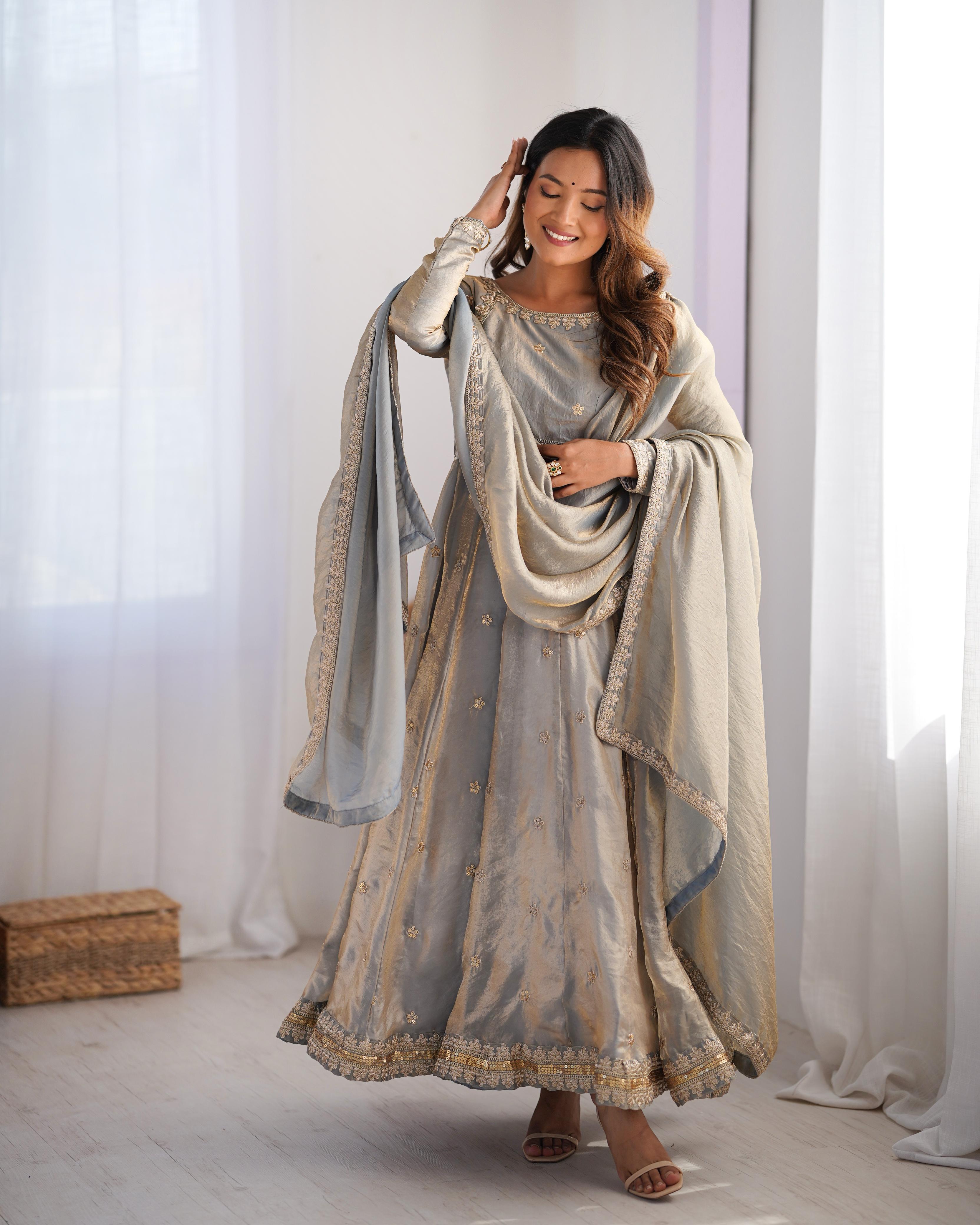 Women's Silver Grey Embroidered Anarkali Suit Set with Dupatta | Wedding & Festive Wear