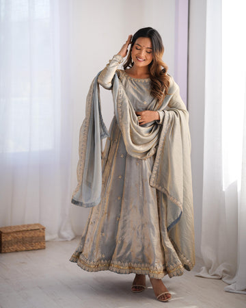 Women's Silver Grey Embroidered Anarkali Suit Set with Dupatta | Wedding & Festive Wear