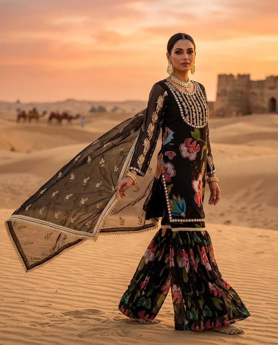 Black Floral Sharara Suit Set with Dupatta