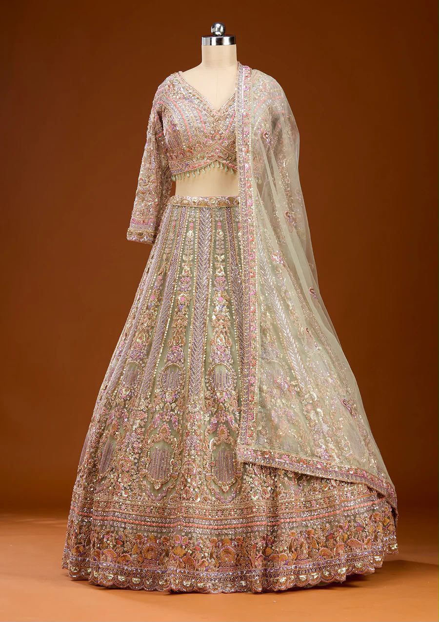 Sage Mint Green Bridal Lehenga Choli, Luxury Embroidered Wedding Lehenga, Designer Indian Bridal Wear, Reception Lehenga, Bridesmaid Outfit