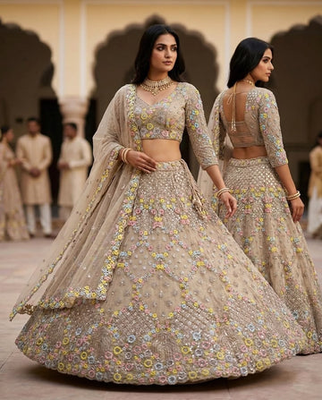 Champagne Beige Floral Embroidered Bridal Lehenga Choli Set, Designer Wedding Lehenga, Luxury Reception Outfit, Indian Bridal Wear