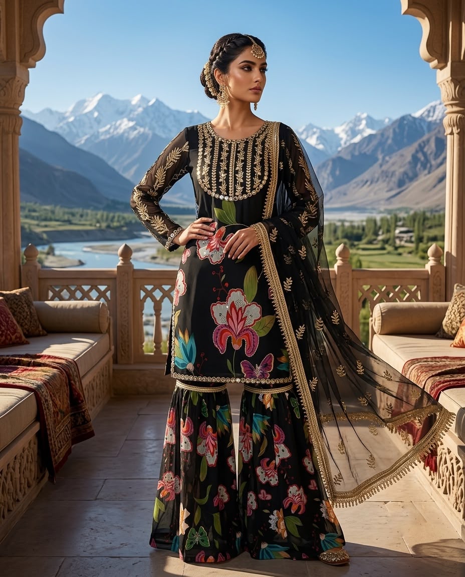Black Floral Sharara Suit Set with Dupatta