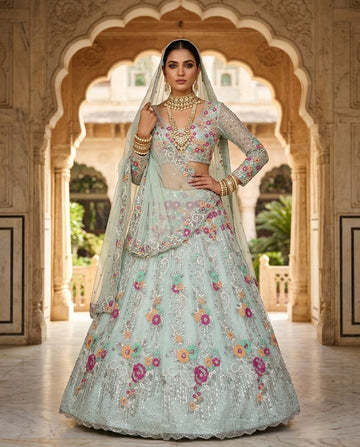 Mint Green Floral Embroidered Lehenga Choli Set, Pastel Indian Wedding Lehenga