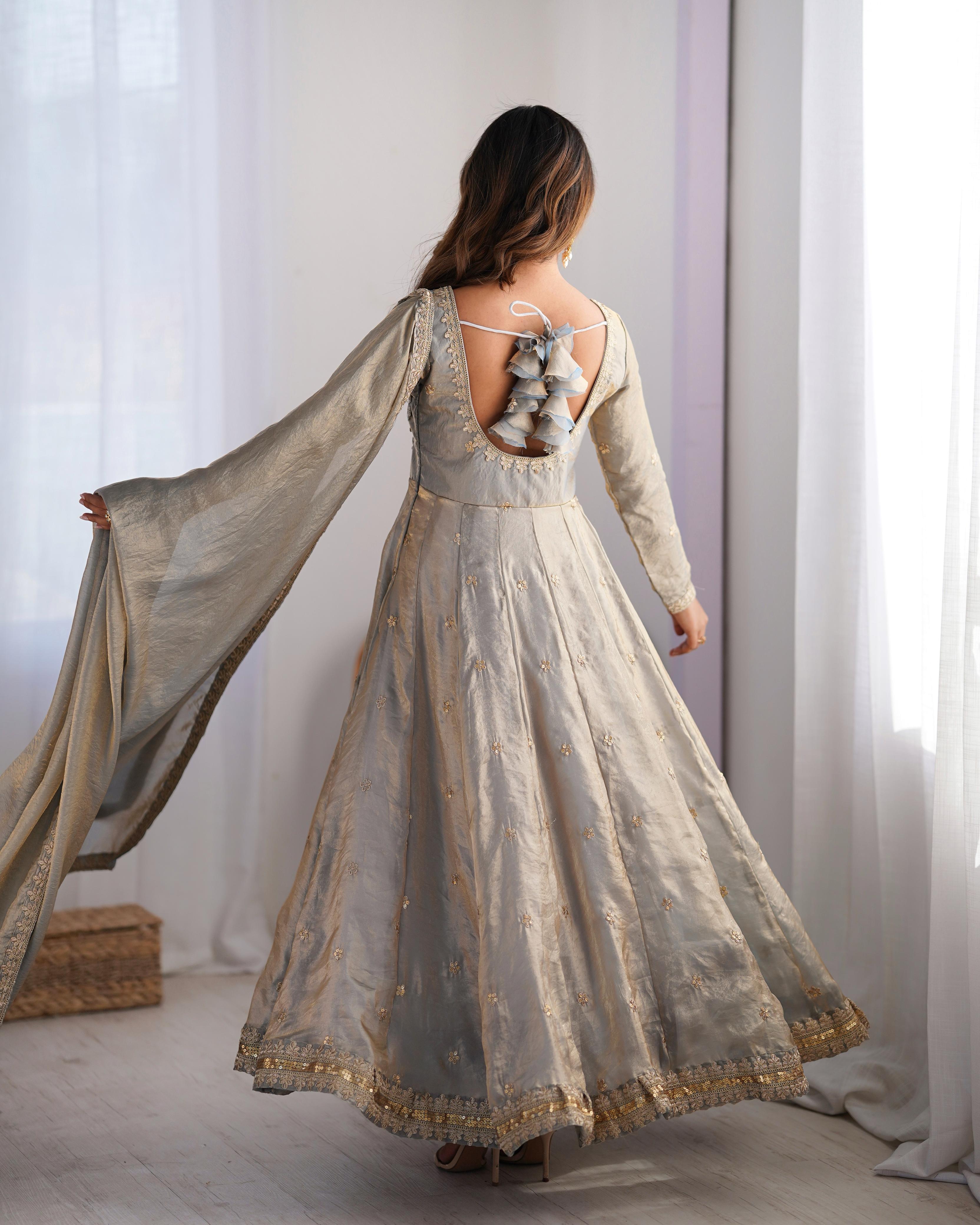 Women's Silver Grey Embroidered Anarkali Suit Set with Dupatta | Wedding & Festive Wear