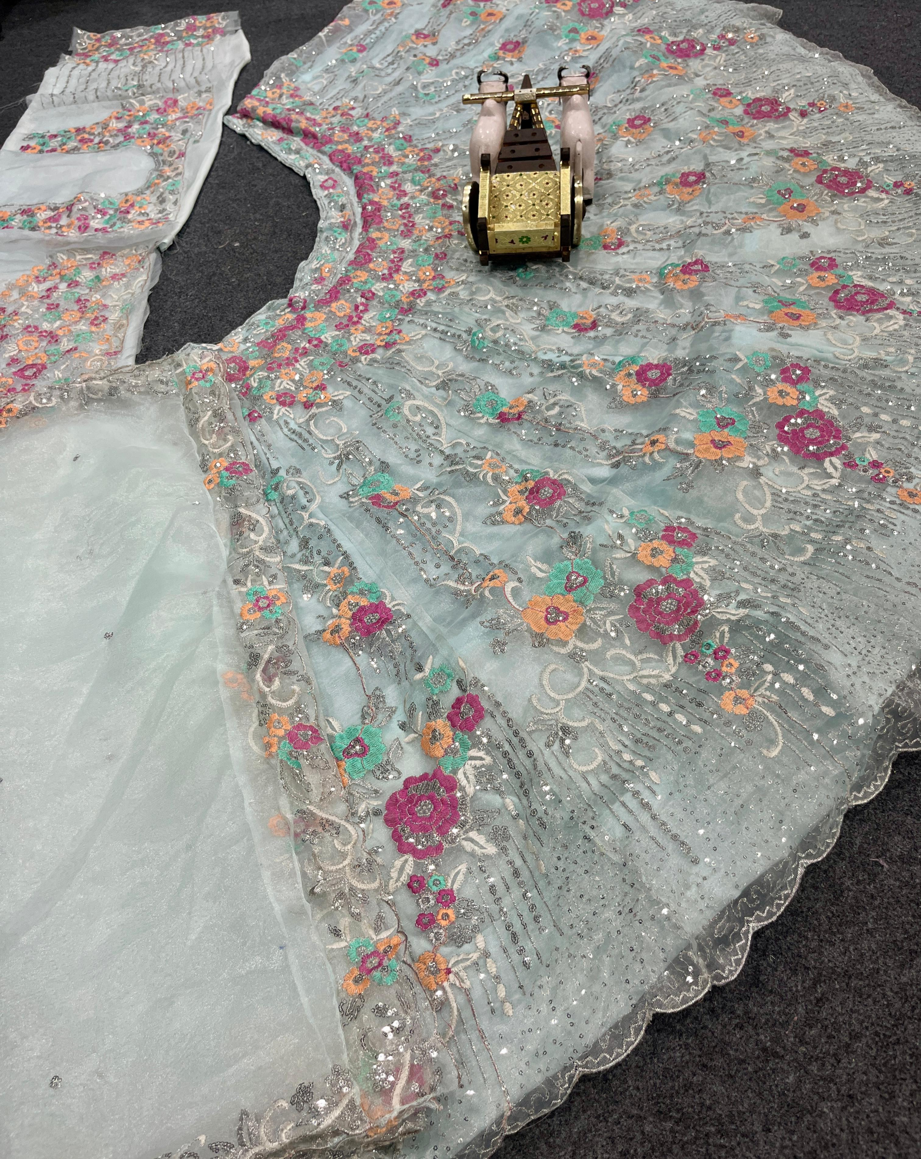 Mint Green Floral Embroidered Lehenga Choli Set, Pastel Indian Wedding Lehenga