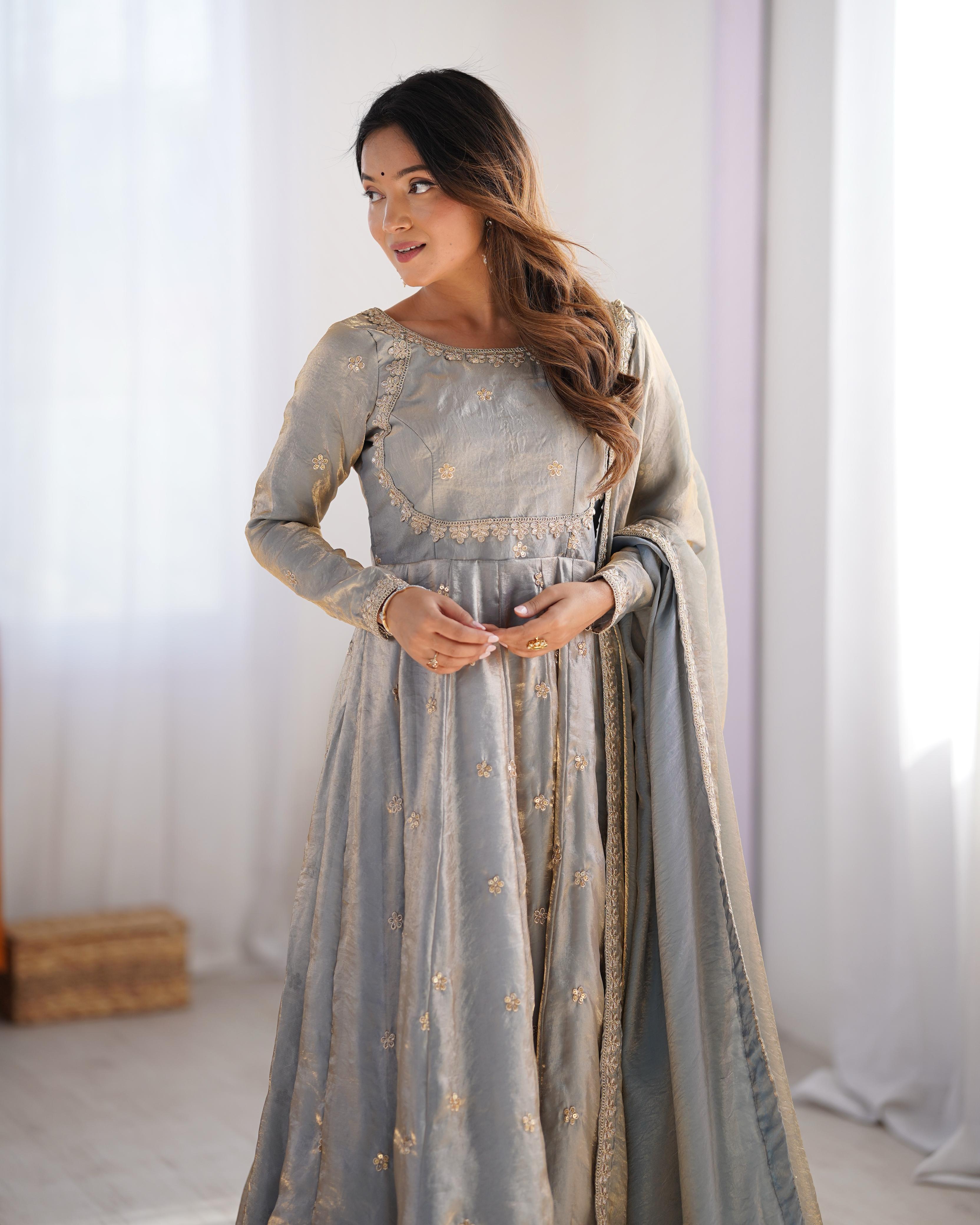 Women's Silver Grey Embroidered Anarkali Suit Set with Dupatta | Wedding & Festive Wear