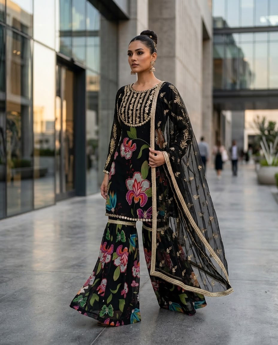Black Floral Sharara Suit Set with Dupatta