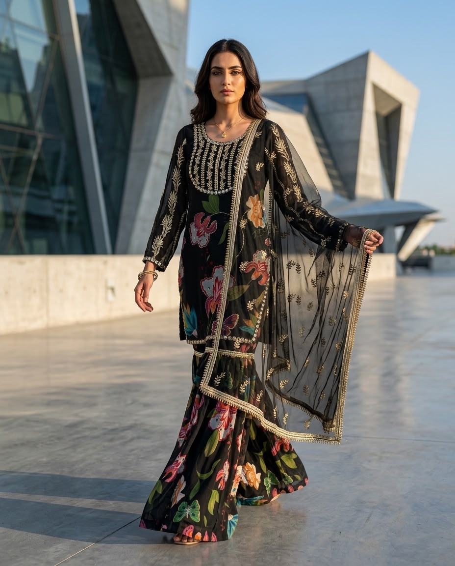 Black Floral Sharara Suit Set with Dupatta