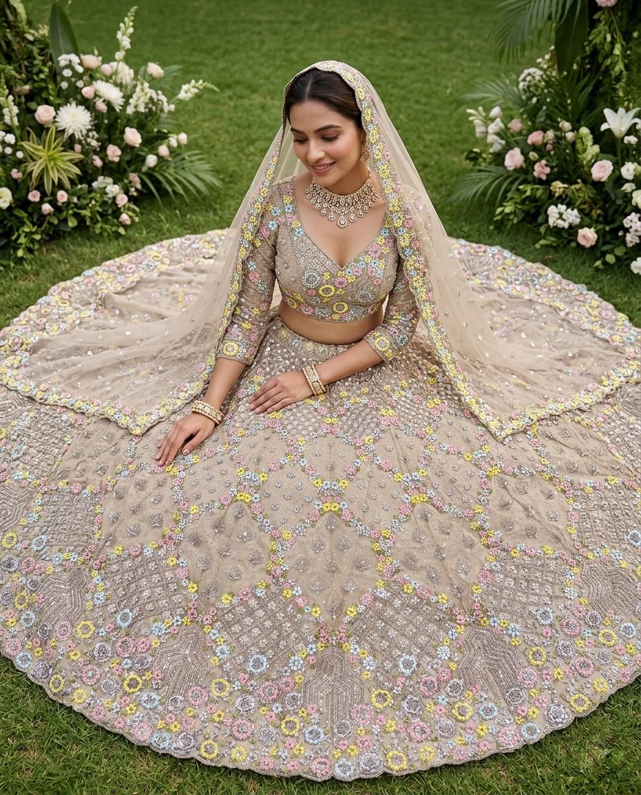 Champagne Beige Floral Embroidered Bridal Lehenga Choli Set, Designer Wedding Lehenga, Luxury Reception Outfit, Indian Bridal Wear