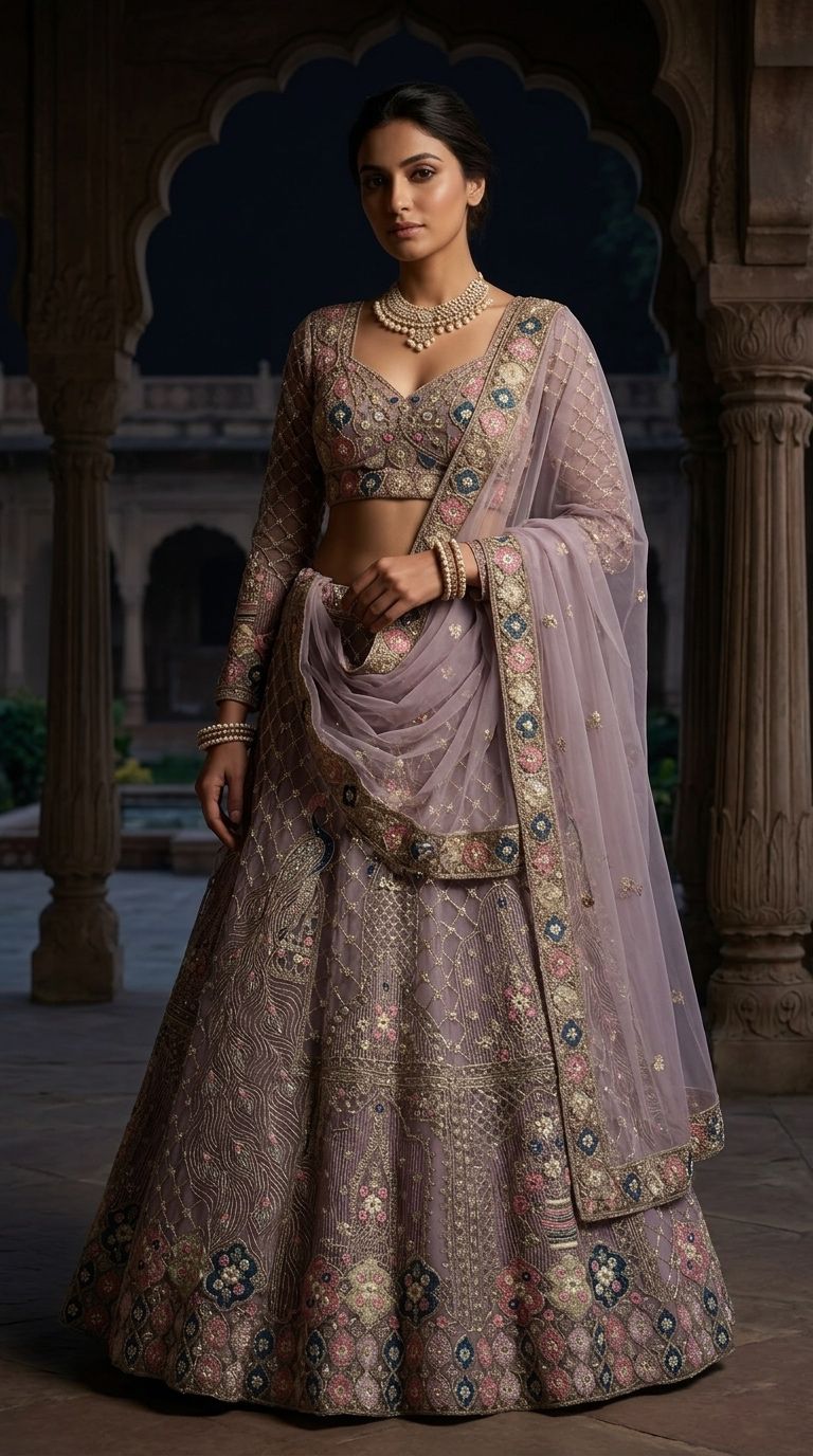 Dusty Lavender Peacock Bridal Lehenga Choli Set