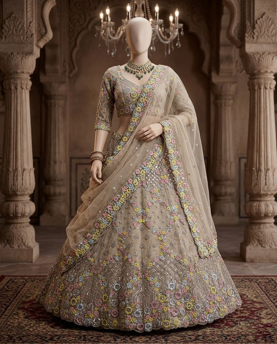 Champagne Beige Floral Embroidered Bridal Lehenga Choli Set, Designer Wedding Lehenga, Luxury Reception Outfit, Indian Bridal Wear