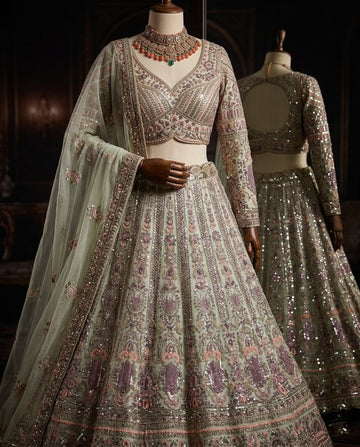 Sage Mint Green Bridal Lehenga Choli, Luxury Embroidered Wedding Lehenga, Designer Indian Bridal Wear, Reception Lehenga, Bridesmaid Outfit