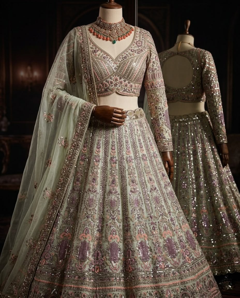 Sage Mint Green Bridal Lehenga Choli, Luxury Embroidered Wedding Lehenga, Designer Indian Bridal Wear, Reception Lehenga, Bridesmaid Outfit