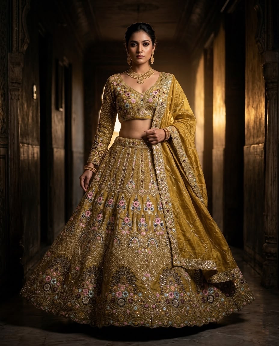 Mustard Yellow  Bridal Lehenga Choli Set – Heavy Embroidered Wedding Lehenga with Dupatta, Designer Indian Bridal Outfit, Reception & Engagement Wear
