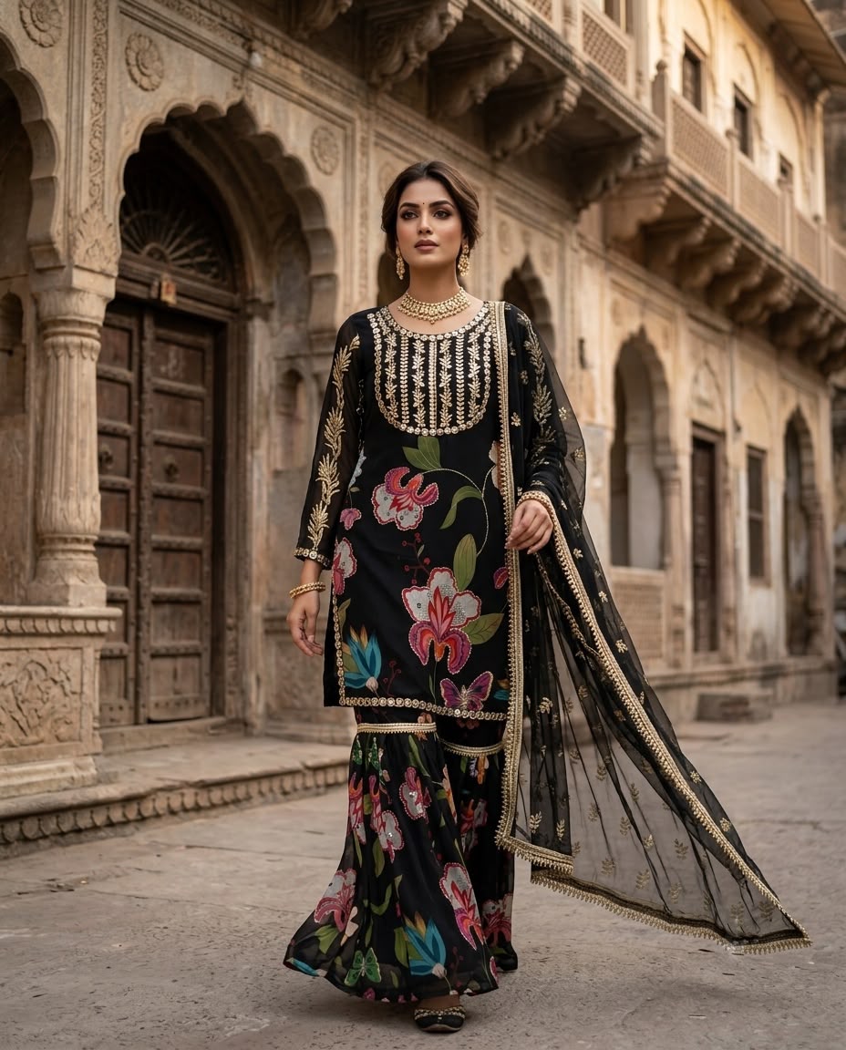 Black Floral Sharara Suit Set with Dupatta
