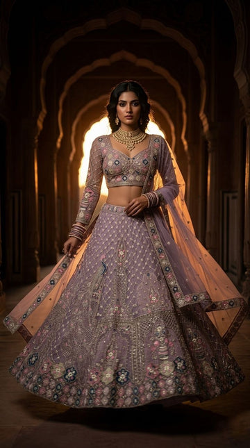 Lavender Peacock Embroidered Bridal Lehenga Choli Set with Sequins & Net Dupatta