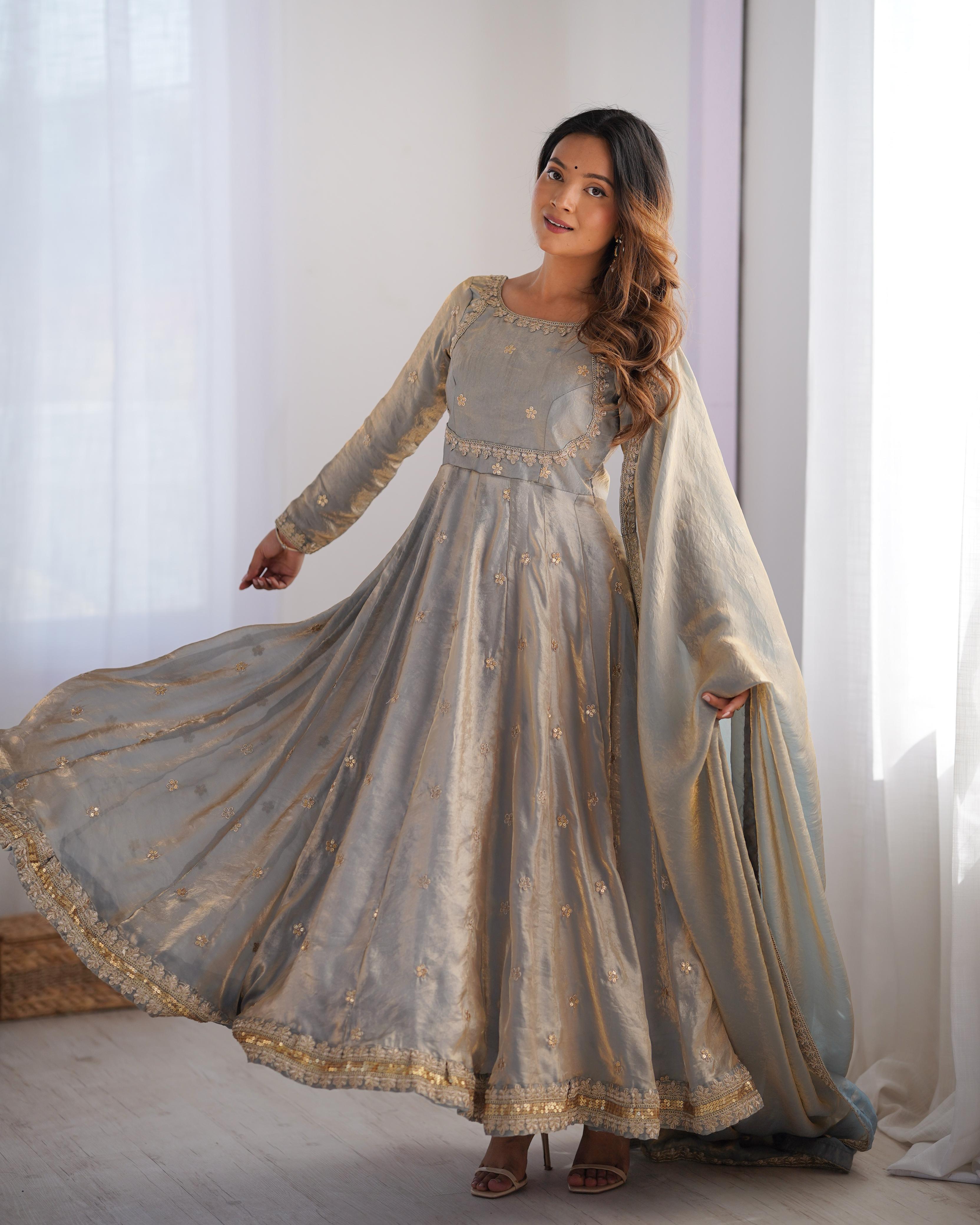 Women's Silver Grey Embroidered Anarkali Suit Set with Dupatta | Wedding & Festive Wear