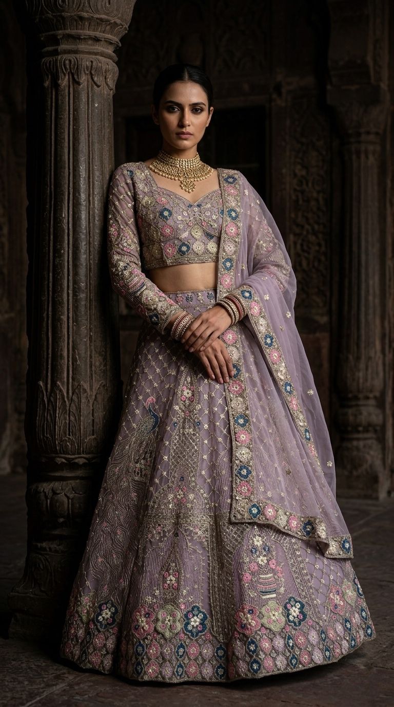 Lavender Peacock Embroidered Bridal Lehenga Choli Set with Sequins & Net Dupatta