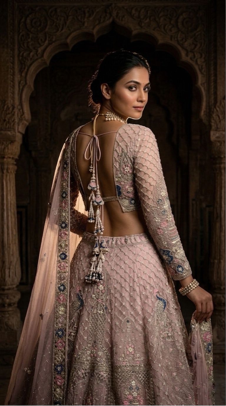 Blush Pink Peacock Bridal Lehenga Choli Set