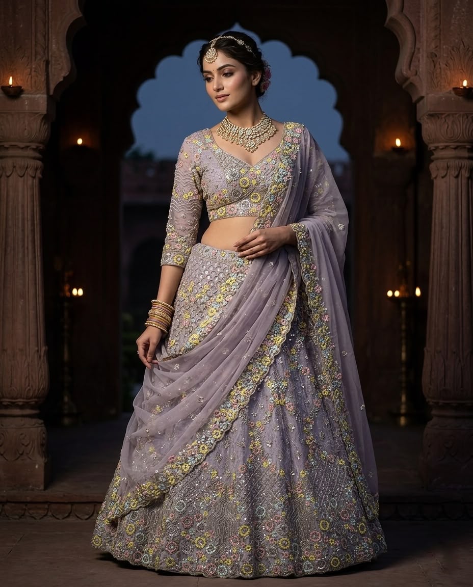 Lavender Floral Embroidered Bridal Lehenga Choli Set, Designer Wedding Lehenga, Pastel Purple Reception Outfit, Indian Bridal Wear