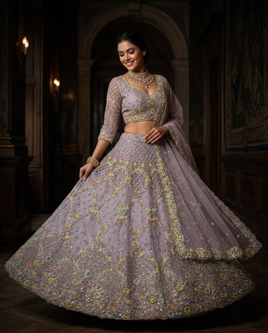 Lavender Floral Embroidered Bridal Lehenga Choli Set, Designer Wedding Lehenga, Pastel Purple Reception Outfit, Indian Bridal Wear