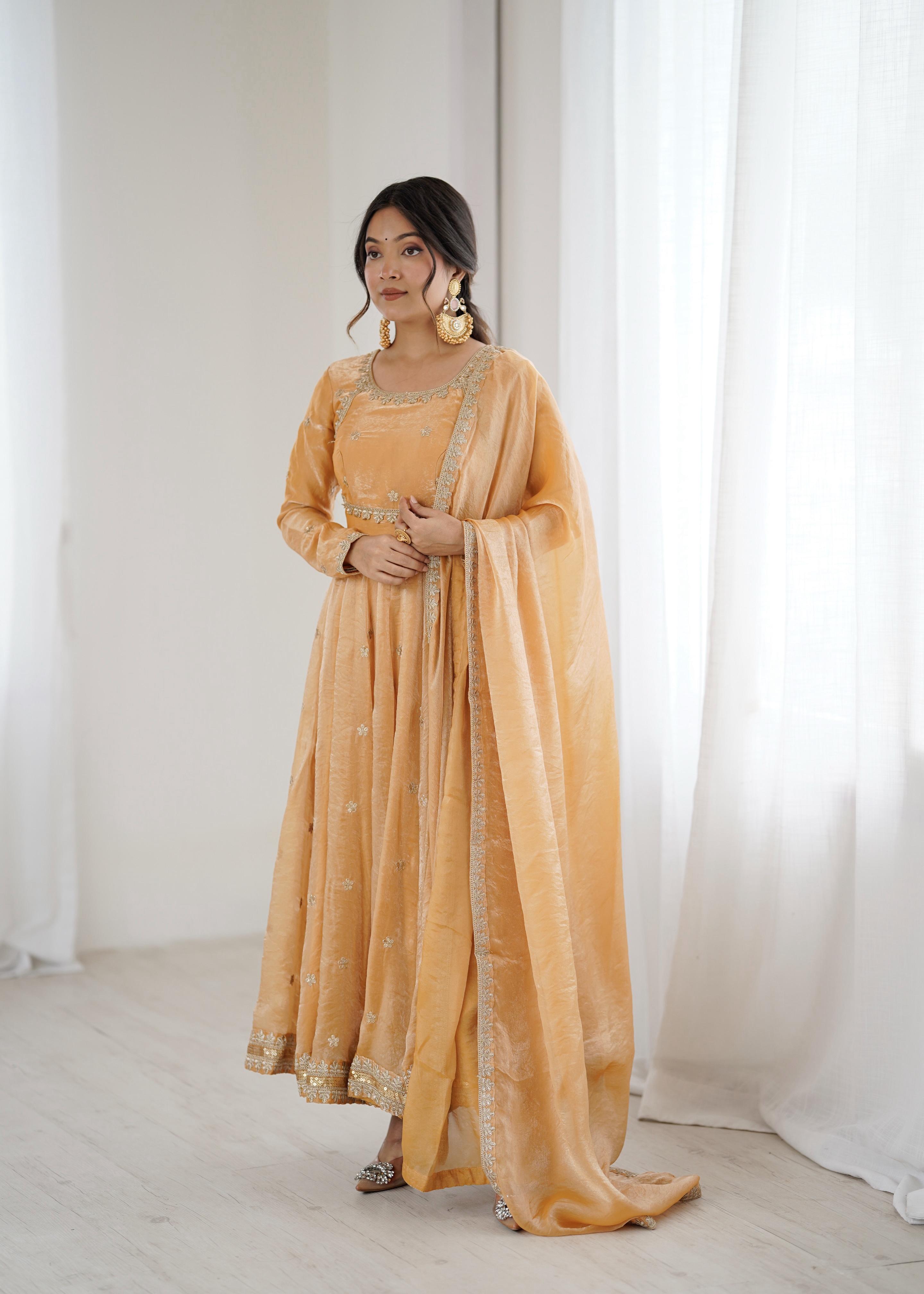 Women's Peach Embroidered Anarkali Suit Set with Dupatta | Wedding & Festive Wear
