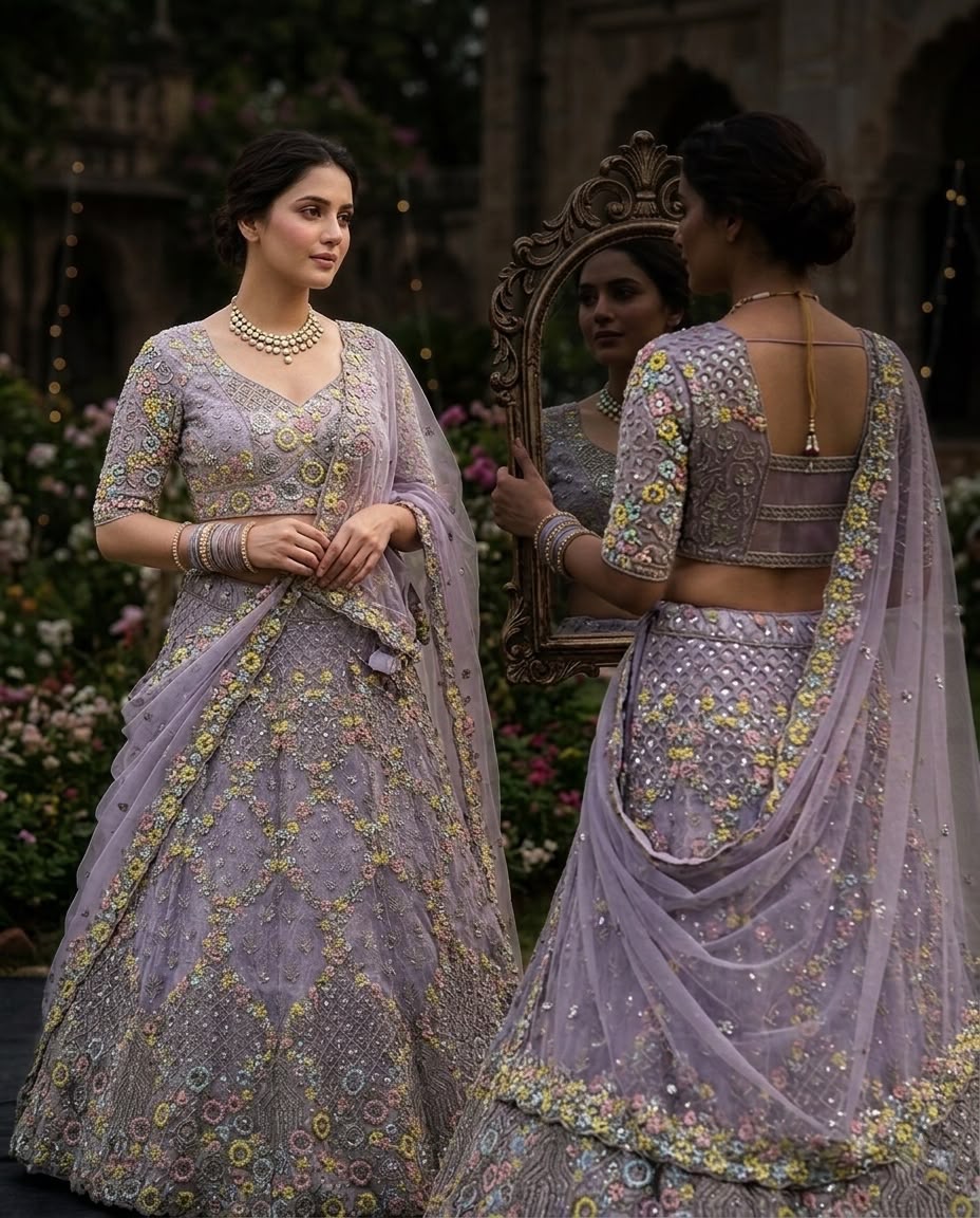 Lavender Floral Embroidered Bridal Lehenga Choli Set, Designer Wedding Lehenga, Pastel Purple Reception Outfit, Indian Bridal Wear