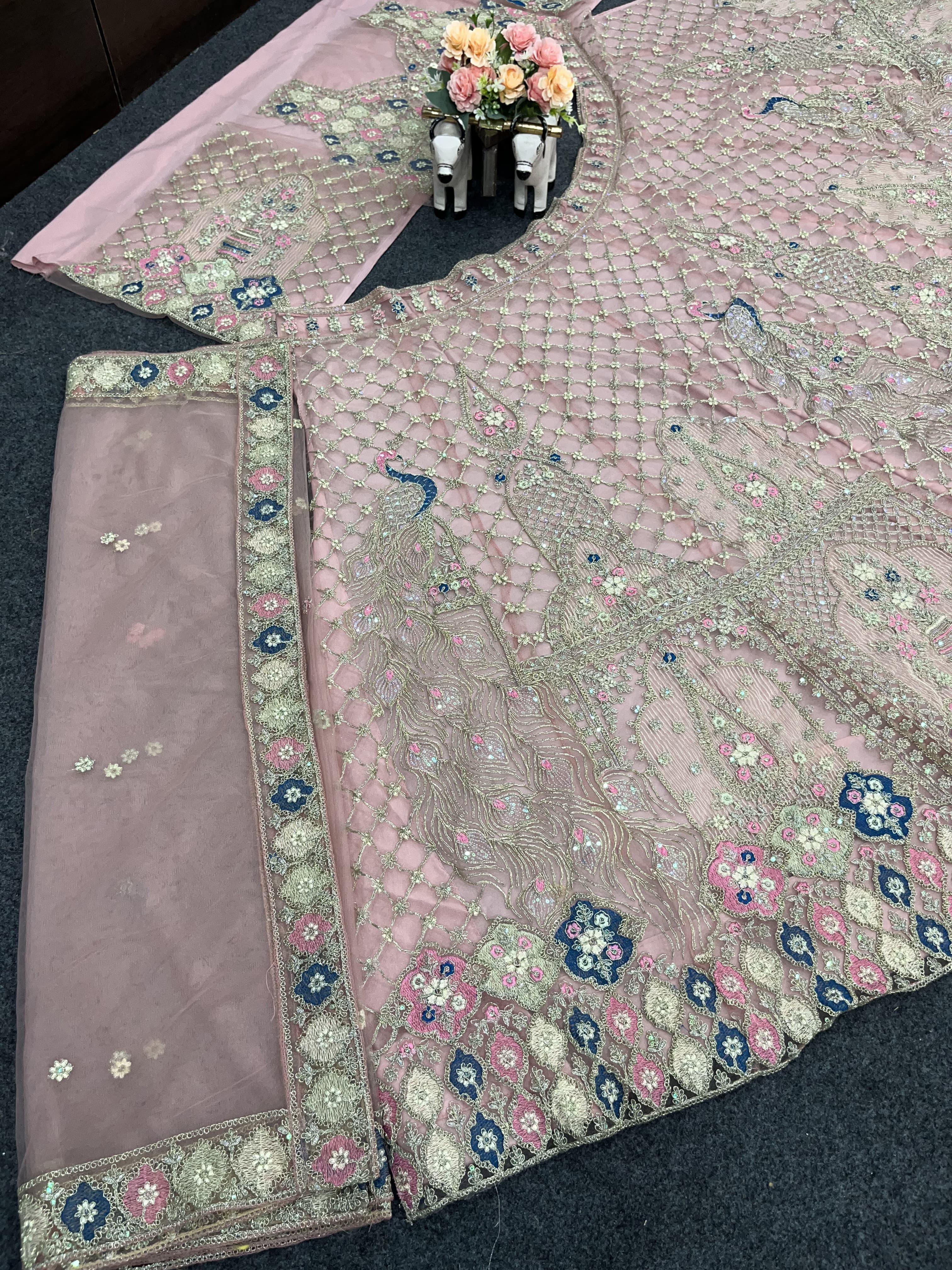 Blush Pink Peacock Bridal Lehenga Choli Set