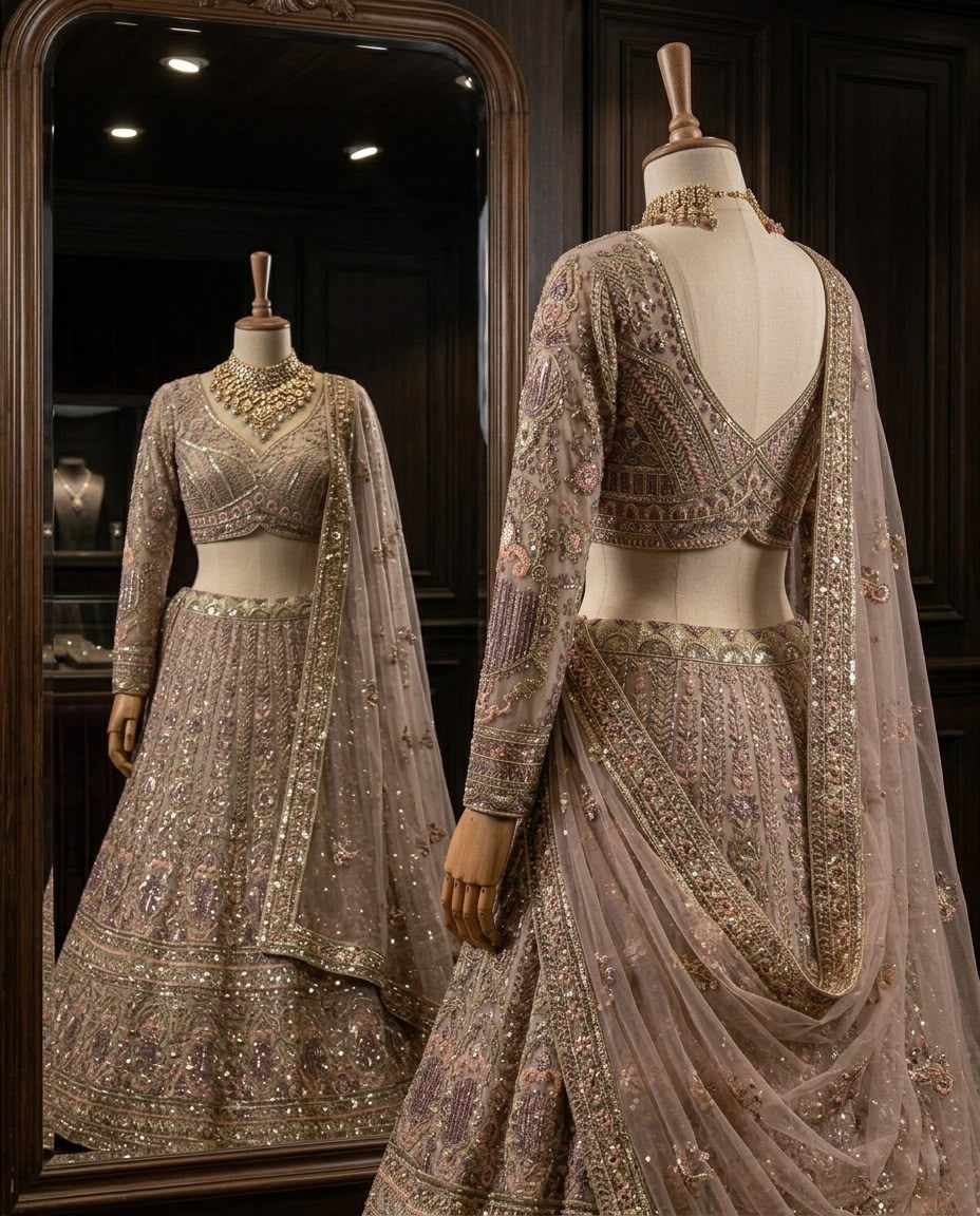 Dusty Mauve Bridal Lehenga Choli, Luxury Rose Gold Embroidered Wedding Lehenga, Designer Reception Outfit, Indian Bridal Wear with Dupatta