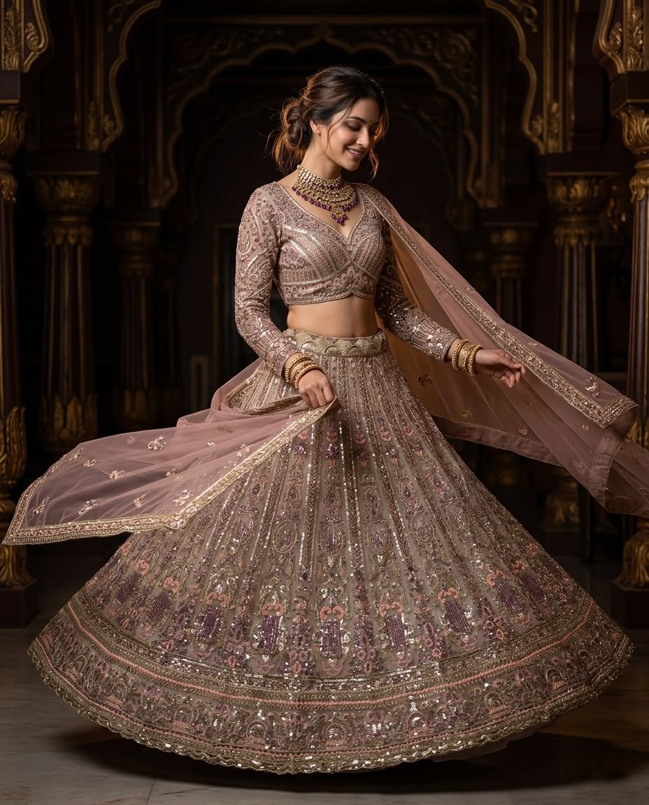 Dusty Mauve Bridal Lehenga Choli, Luxury Rose Gold Embroidered Wedding Lehenga, Designer Reception Outfit, Indian Bridal Wear with Dupatta
