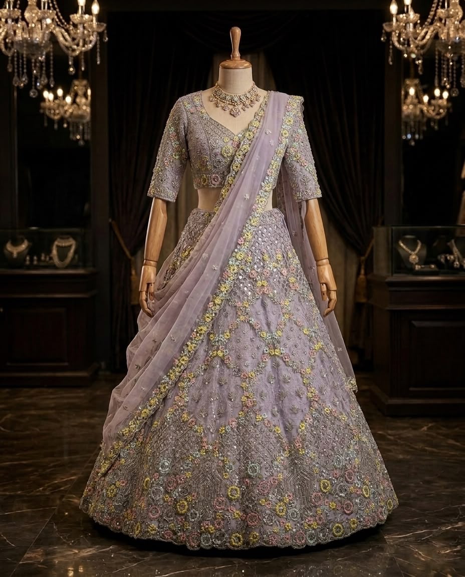 Lavender Floral Embroidered Bridal Lehenga Choli Set, Designer Wedding Lehenga, Pastel Purple Reception Outfit, Indian Bridal Wear