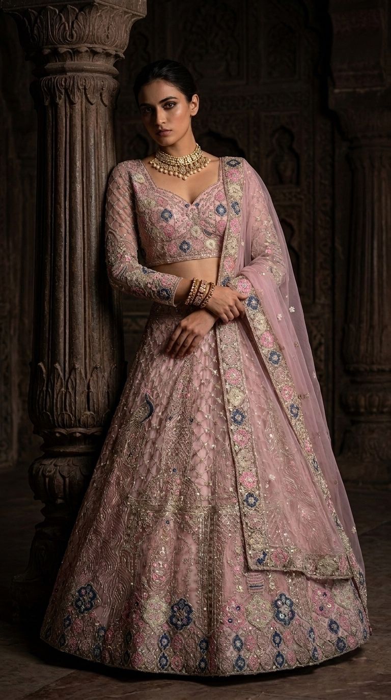 Blush Pink Peacock Embroidered Bridal Lehenga Choli Set with Sequins & Net Dupatta