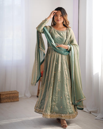 Premium Pastel Green Silk Blend Anarkali Dress for Women