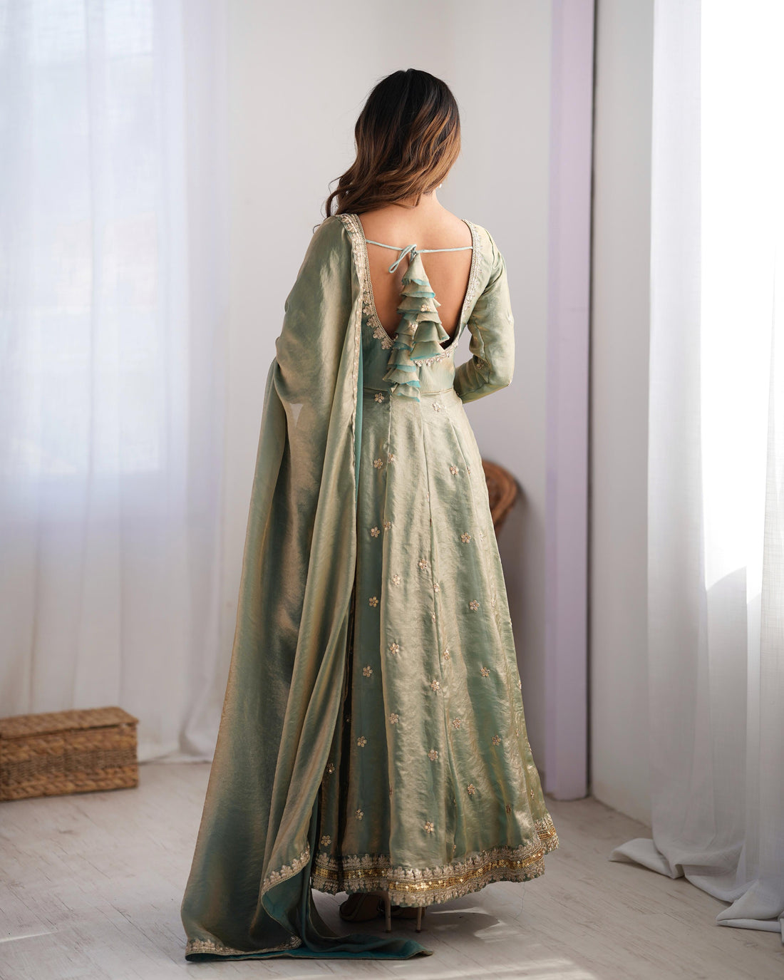 Premium Pastel Green Silk Blend Anarkali Dress for Women