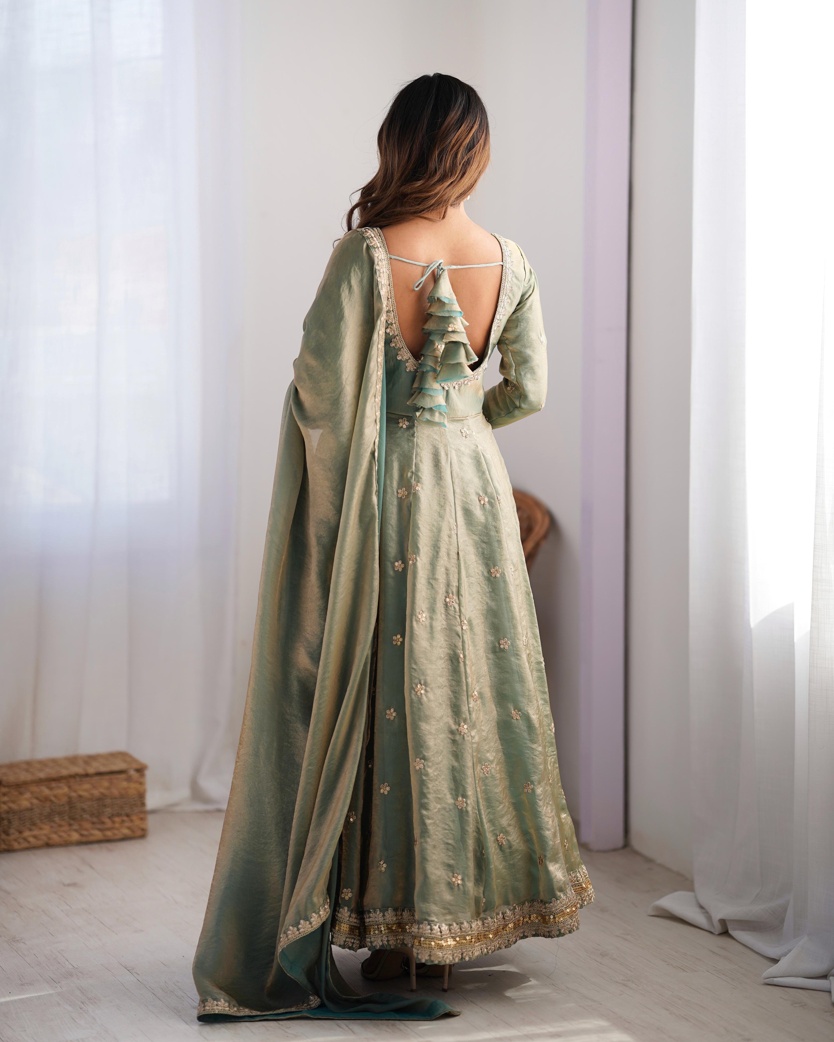 Premium Pastel Green Silk Blend Anarkali Dress for Women