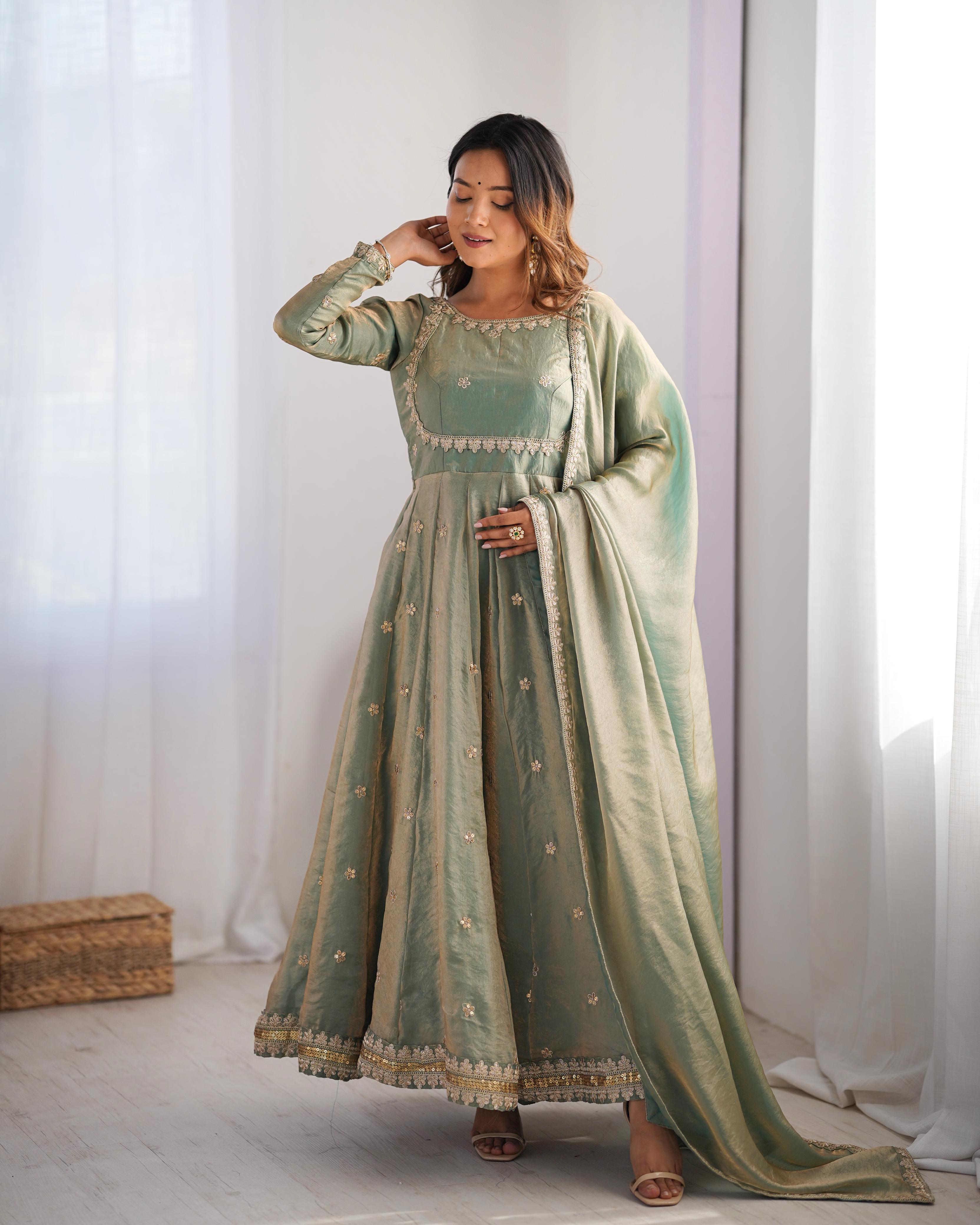Premium Pastel Green Silk Blend Anarkali Dress for Women
