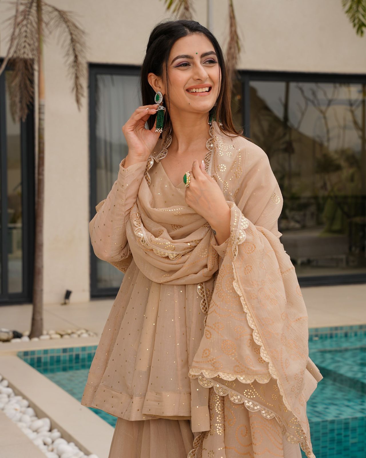 House of Rivanya Beige Tabby Organza Mukesh Work Palazzo Suit Set with Dupatta