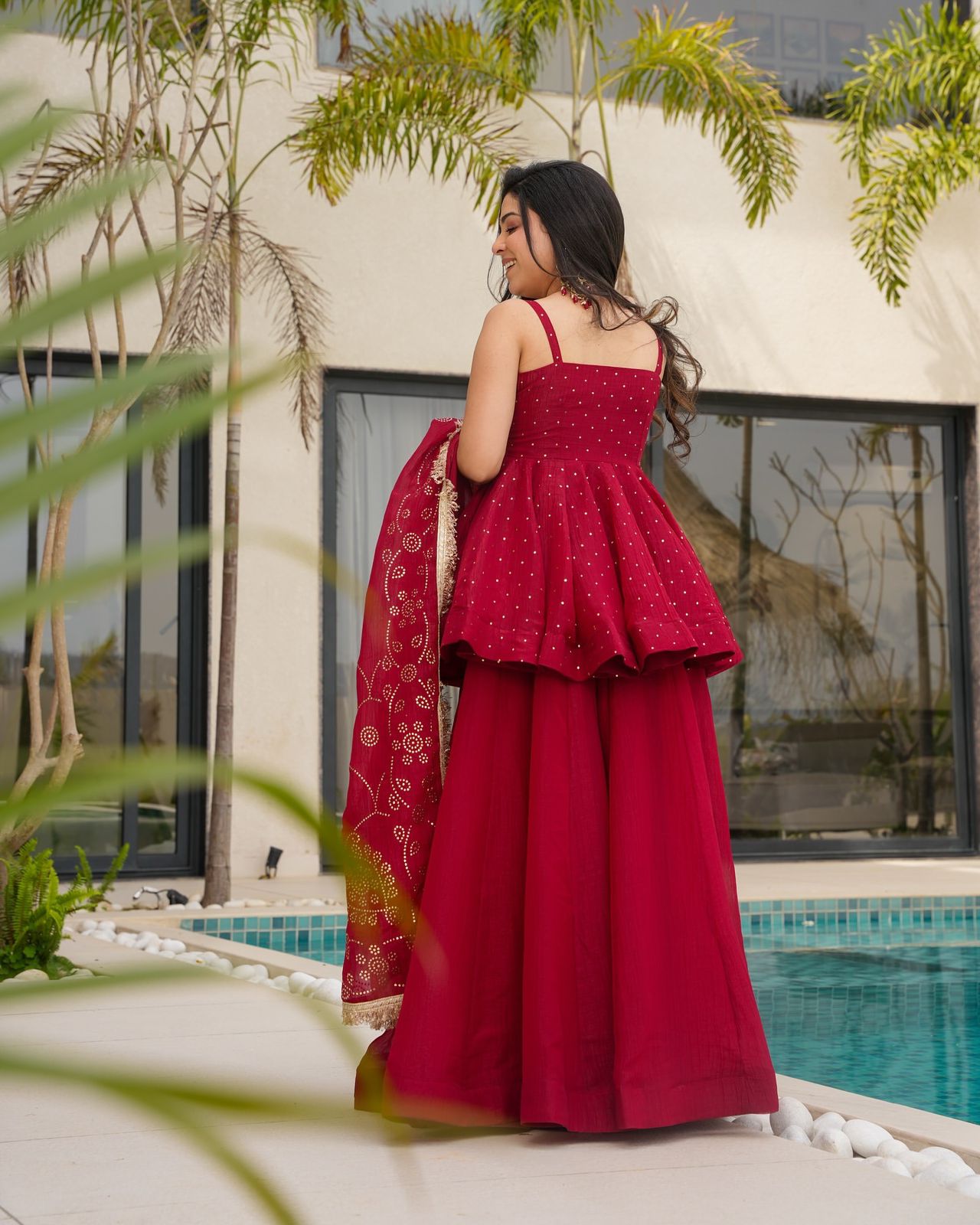 Maroon Embroidered Peplum Sharara Suit Set with Designer Dupatta | Wedding & Festive Wear