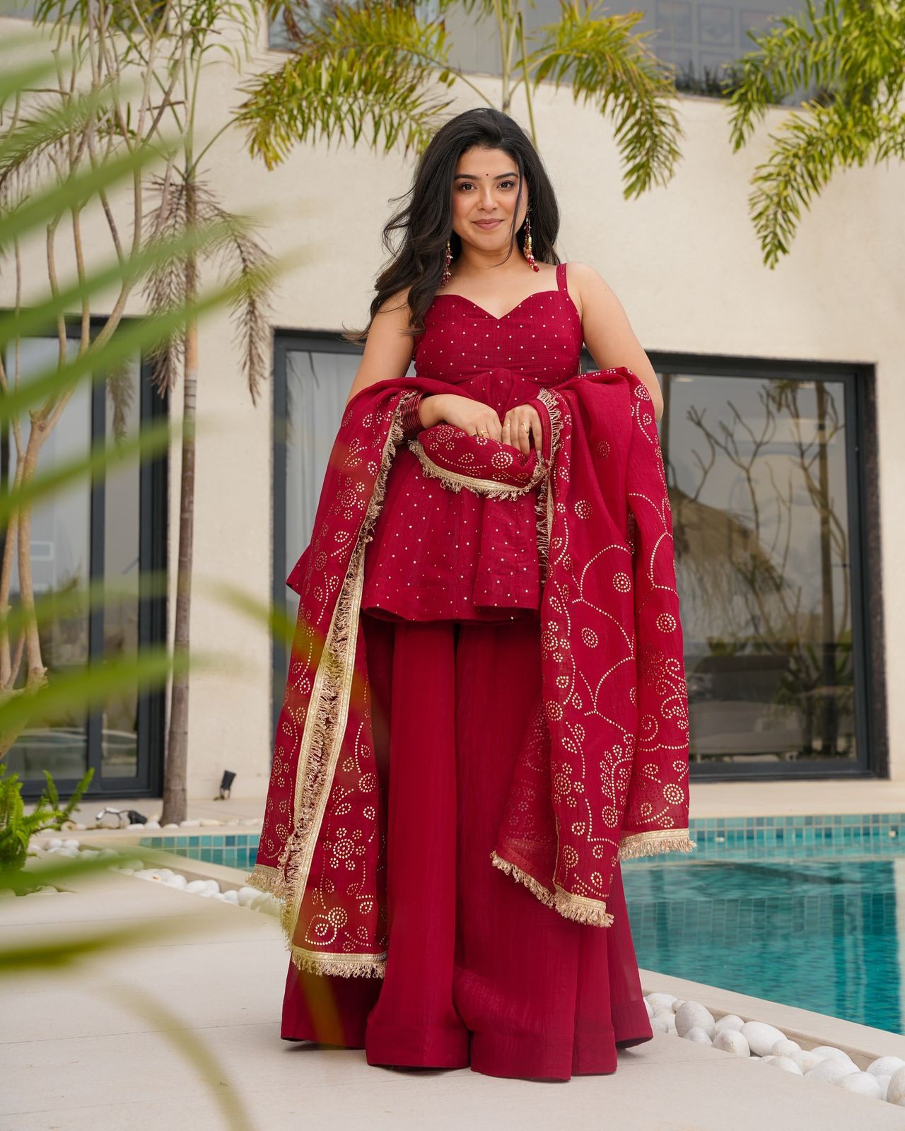 Maroon Embroidered Peplum Sharara Suit Set with Designer Dupatta | Wedding & Festive Wear