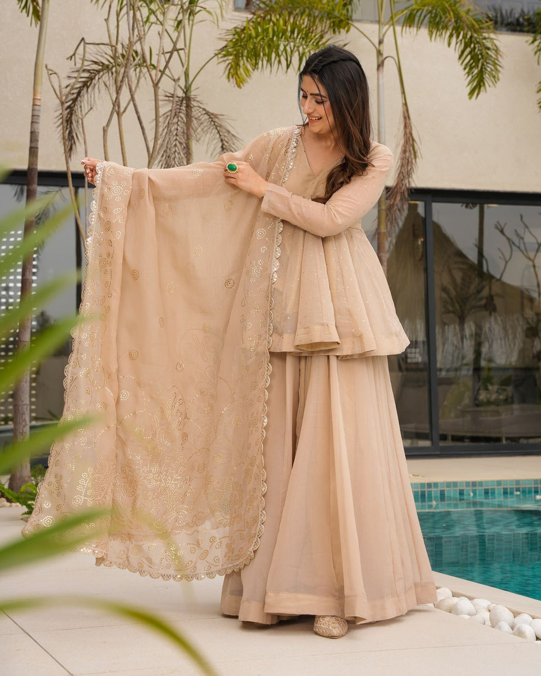 Beige Organza Palazzo Set